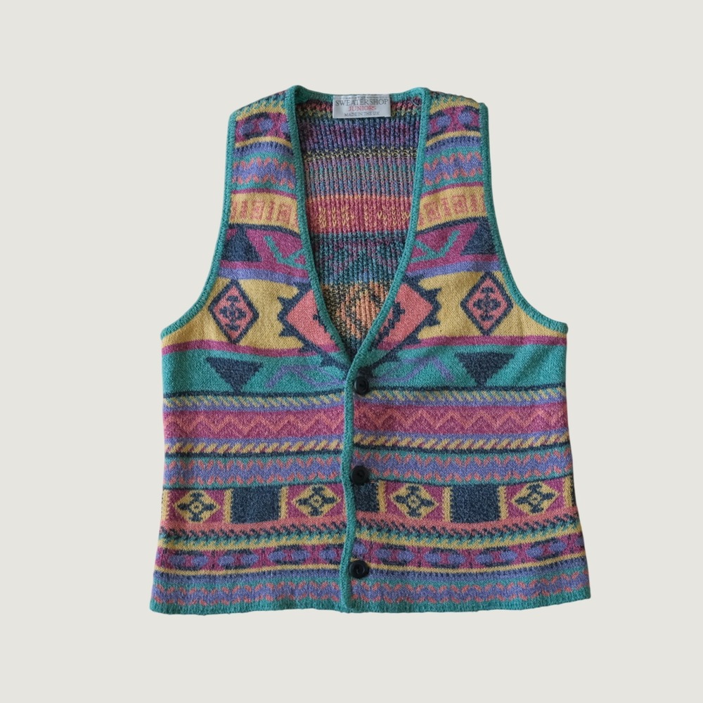 The Sweater Shop Juniors Vest Geometric Aztec Multicolor Knit Button Front VTG